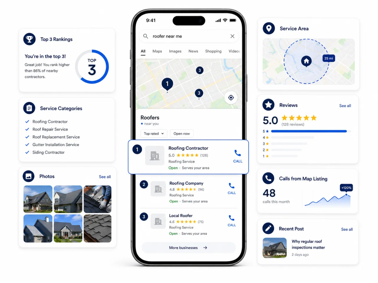 Contractor ranking in the top three of the Google Map Pack