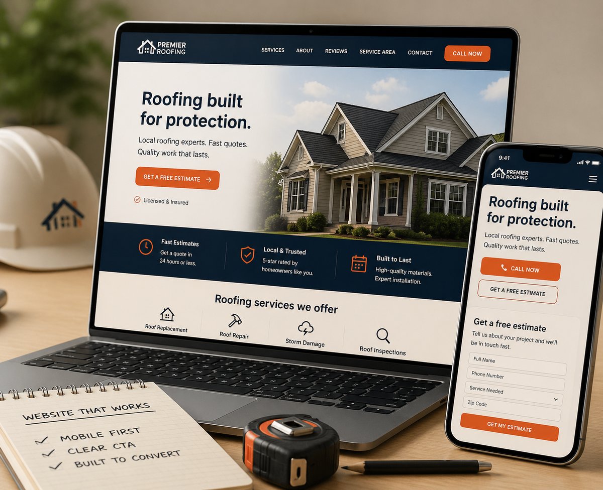 Roofing website shown on laptop and phone